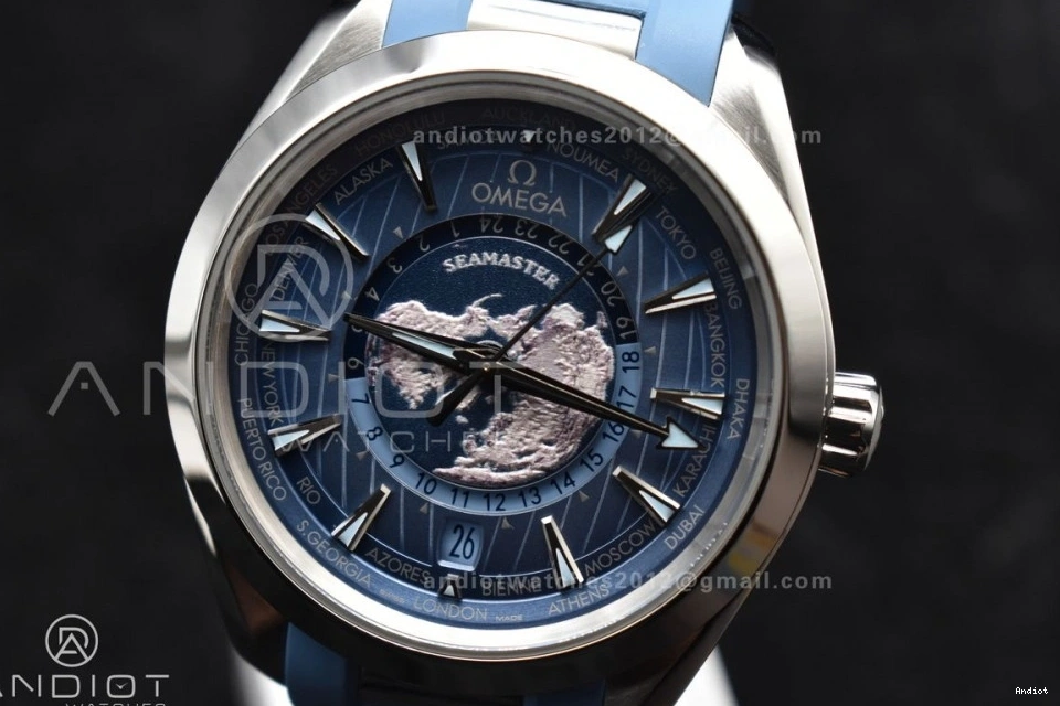 on Dial 43mm A8938 Edition 1:1 Rubber Worldtimer Aqua Terra Blue Best Summer Strap Blue GMT VSF Clone Super 1111